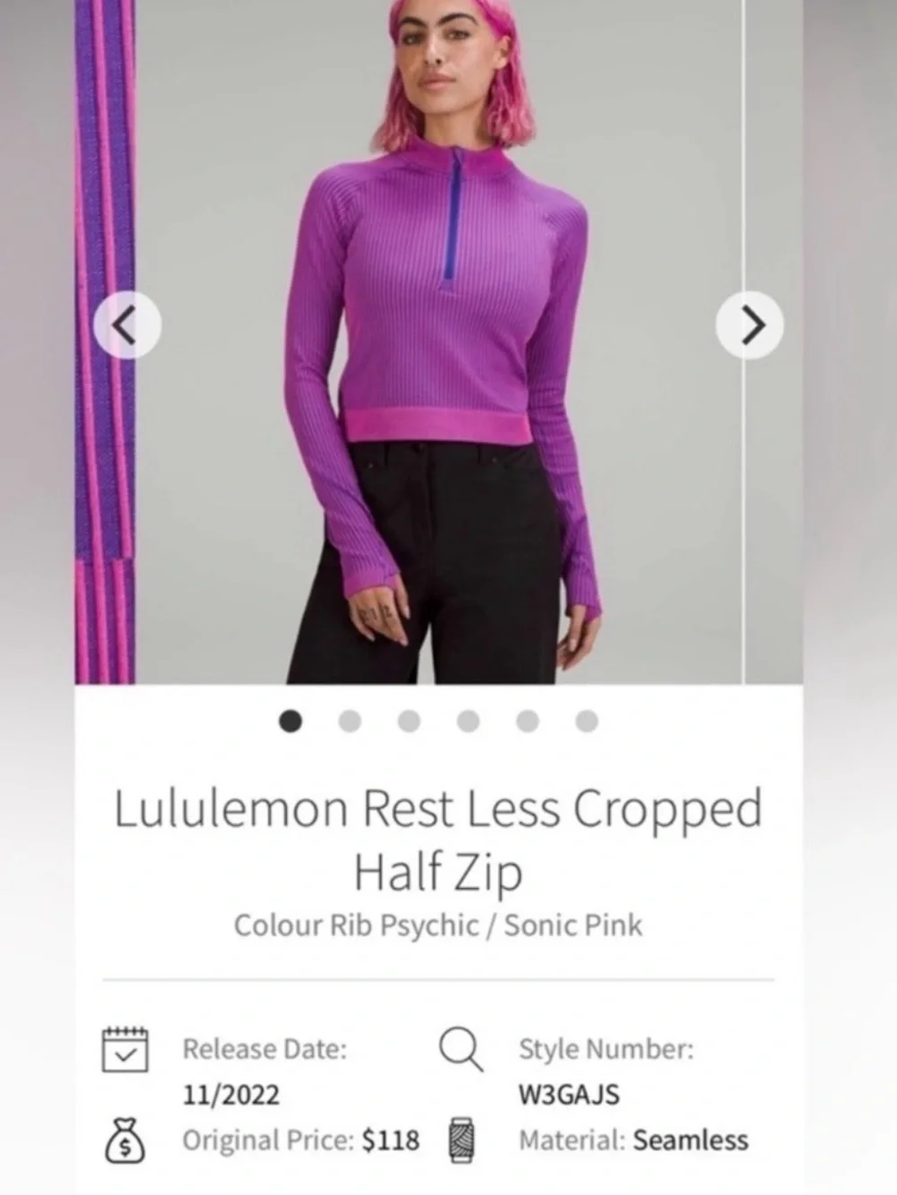 Lululemon Rest Less Cropped Half Zip Psychic Purple Sonic Pink Rib Size 8 - Picture 7 of 7